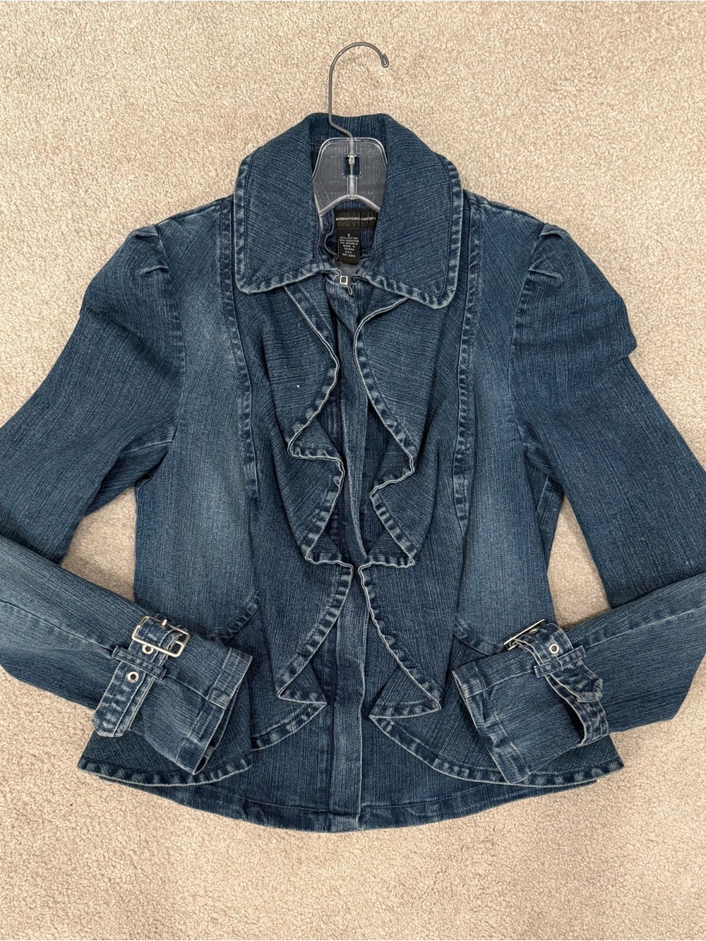 INC International Concepts Dark Blue Ruffle-Front Denim Jacket
